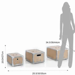 Dora set 3 bauli legno wood porta oggetti in compensato di abete e acciaio zincato con vano etichetta