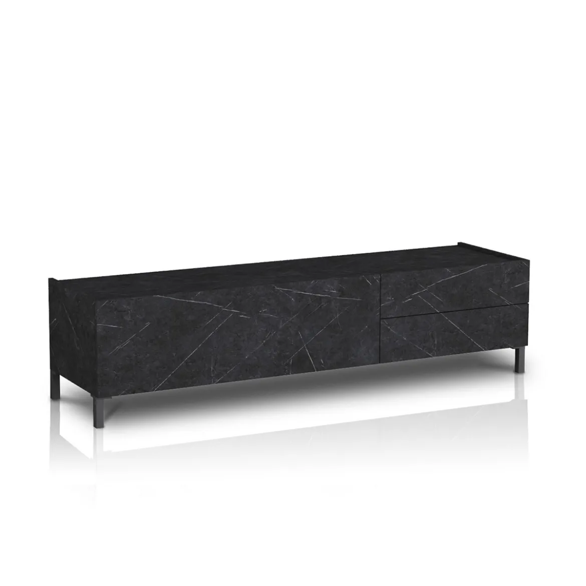Eddy black marble porta tv 1 anta ribalta e 2 cassetti finitura marmo nero opaco 160x40xh42 cm