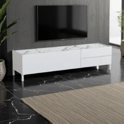 Eddy milano porta tv 1 anta e 2 cassetti laccato bianco lucido top finitura marmo calacatta opaco 160x40xh42 cm