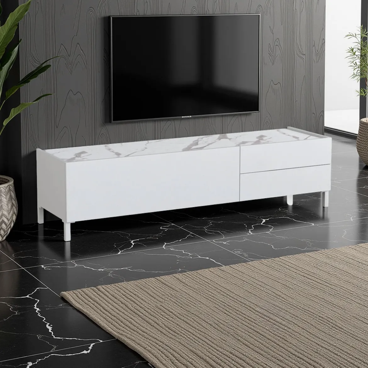 Eddy milano porta tv 1 anta e 2 cassetti laccato bianco lucido top finitura marmo calacatta opaco 160x40xh42 cm