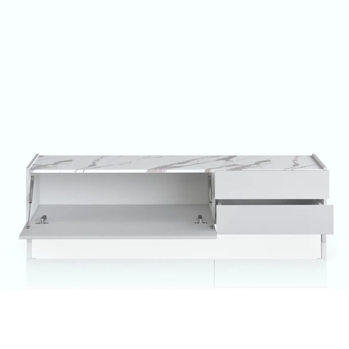 Eddy milano porta tv 1 anta e 2 cassetti laccato bianco lucido top finitura marmo calacatta opaco 160x40xh42 cm
