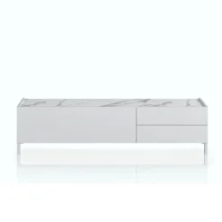Eddy milano porta tv 1 anta e 2 cassetti laccato bianco lucido top finitura marmo calacatta opaco 160x40xh42 cm