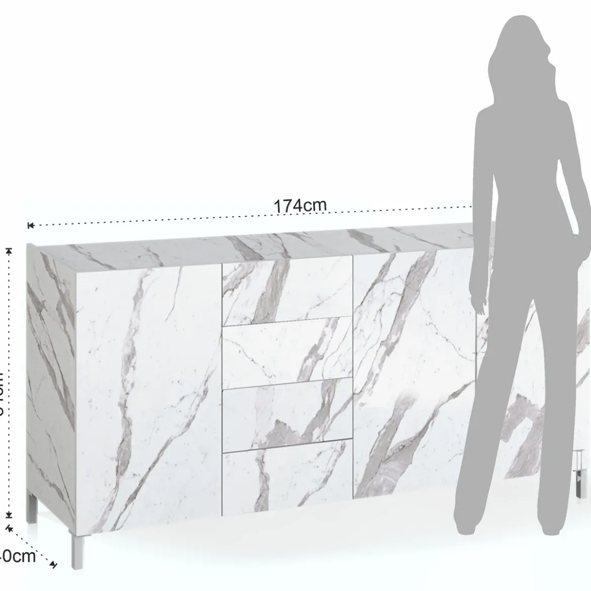 Eddy white marble madia grande finitura marmo bianco calacatta opaco cm. h.84 l.174 p.40 made in italy