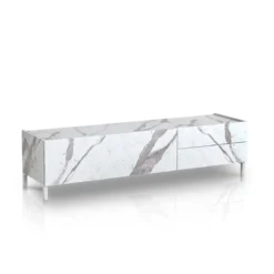 Eddy white marble porta tv 1 anta ribalta e 2 cassetti finitura marmo bianco opaco calacatta 160x40xh42 cm