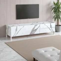 Eddy white marble porta tv 1 anta ribalta e 2 cassetti finitura marmo bianco opaco calacatta 160x40xh42 cm