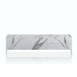 Eddy white marble porta tv 1 anta ribalta e 2 cassetti finitura marmo bianco opaco calacatta 160x40xh42 cm