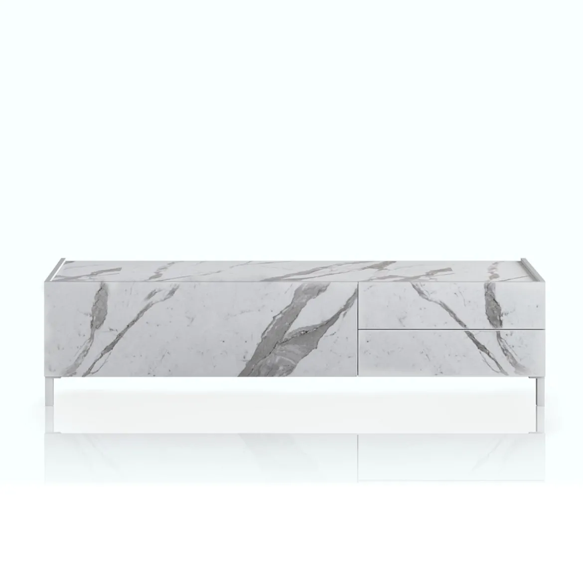 Eddy white marble porta tv 1 anta ribalta e 2 cassetti finitura marmo bianco opaco calacatta 160x40xh42 cm