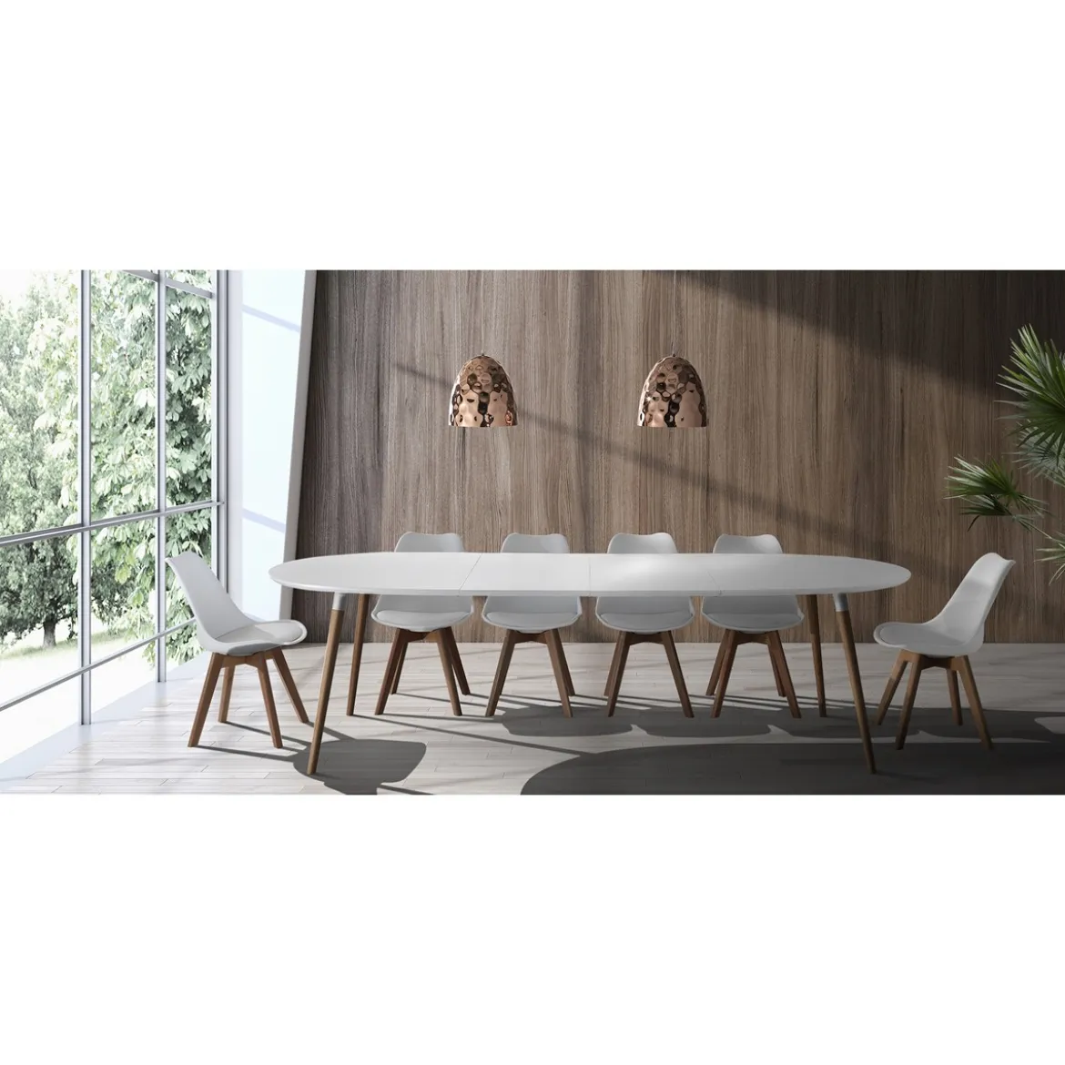 Ego Wood Tavolo Ovale Allungabile verniciato top bianco opaco e gambe in legno massello finitura rovere 170-220-270 x 105 cm