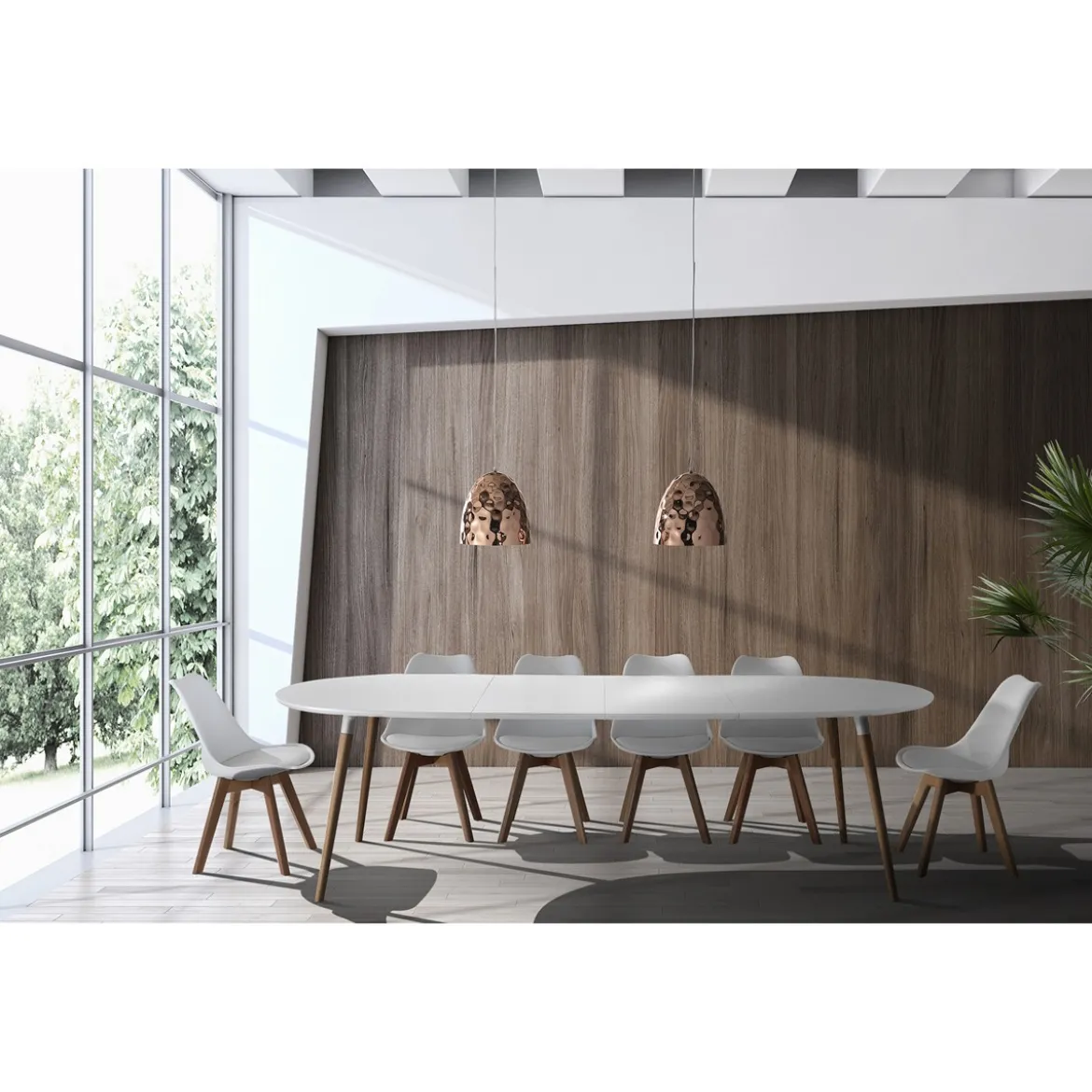 Ego Wood Tavolo Ovale Allungabile verniciato top bianco opaco e gambe in legno massello finitura rovere 170-220-270 x 105 cm