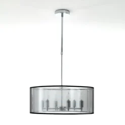 Elizabetha lampadario 6 luci in metallo cromato con paralume effetto organza argento e filo regolabile d50 h20 cm