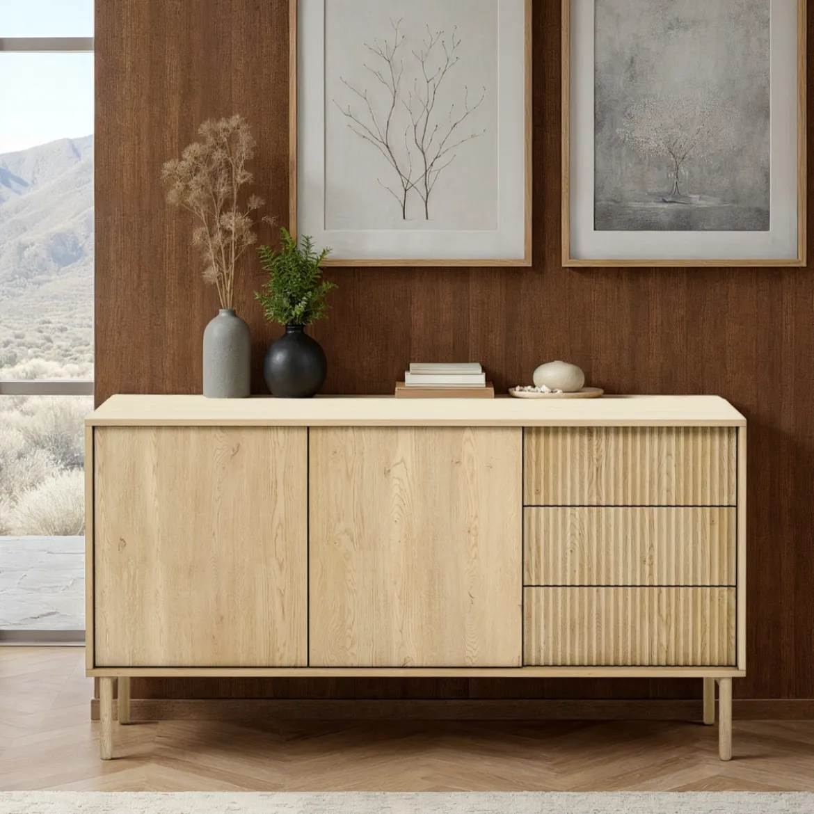 Ethel madia 2 ante 3 cassetti rovere dogato laminato gambe legno h79,8 l153,5 p39,5