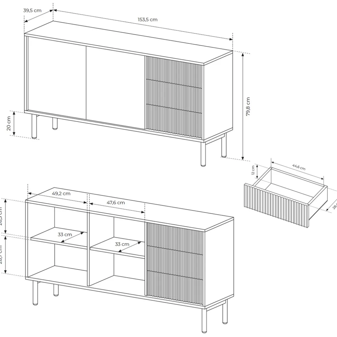 Ethel madia 2 ante 3 cassetti rovere dogato laminato gambe legno h79,8 l153,5 p39,5
