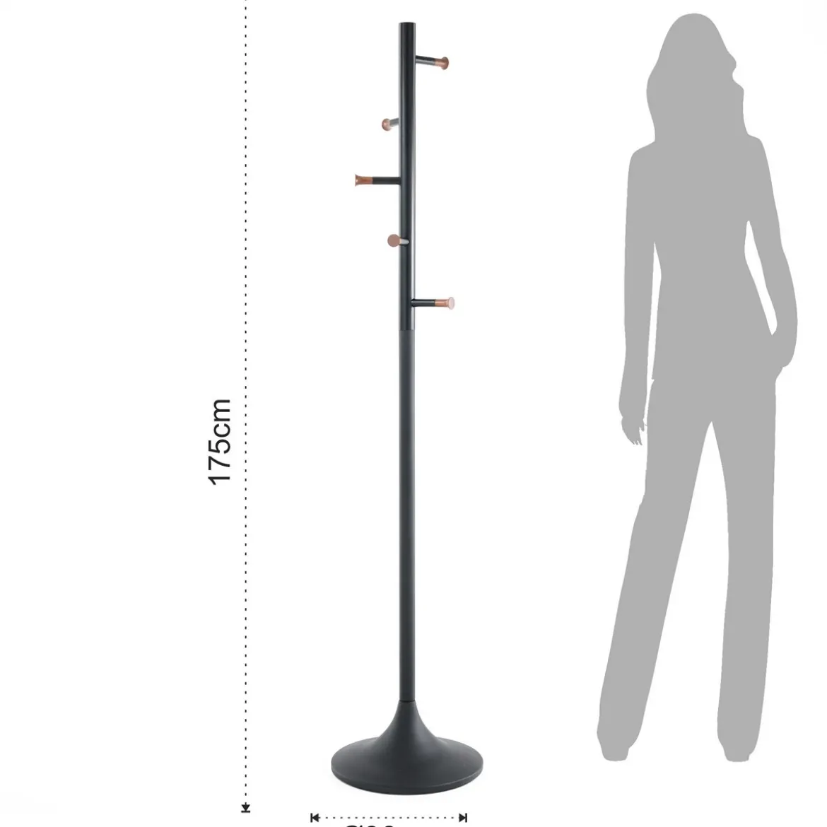 Feelo appendiabiti in metallo nero opaco e pomelli legno finitura noce h175xd36 cm