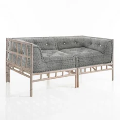 Fjulia-b divano 2 posti in rattan sbiancato rivestimento 100% cotone grigio scuro 160x80xh70 cm