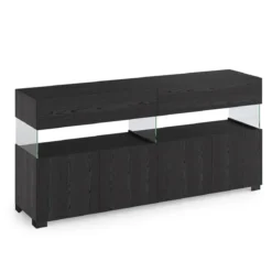 Float black wood madia 4 ante 2 cassetti finitura rovere nero e vetro 172x40xh81 cm