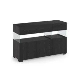 Float black wood madia 3 ante 2 cassetti finitura rovere nero e vetro 129x40xh81 cm
