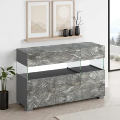 Float marble madia 3 ante 2 cassetti finitura marmo grigio antracite opaco e vetro 129x40xh81 cm