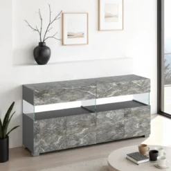 Float marble madia 4 ante 2 cassetti finitura marmo grigio antracite opaco e vetro 172x40xh81 cm
