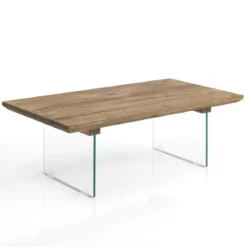 Float tavolino in vetro e piano in legno massello finitura rovere 55x110 h38x cm