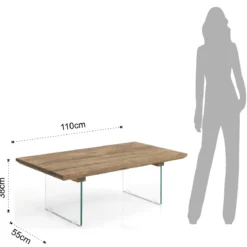 Float tavolino in vetro e piano in legno massello finitura rovere 55x110 h38x cm