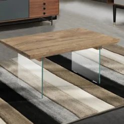 Float tavolino in vetro e piano in legno massello finitura rovere 55x110 h38x cm