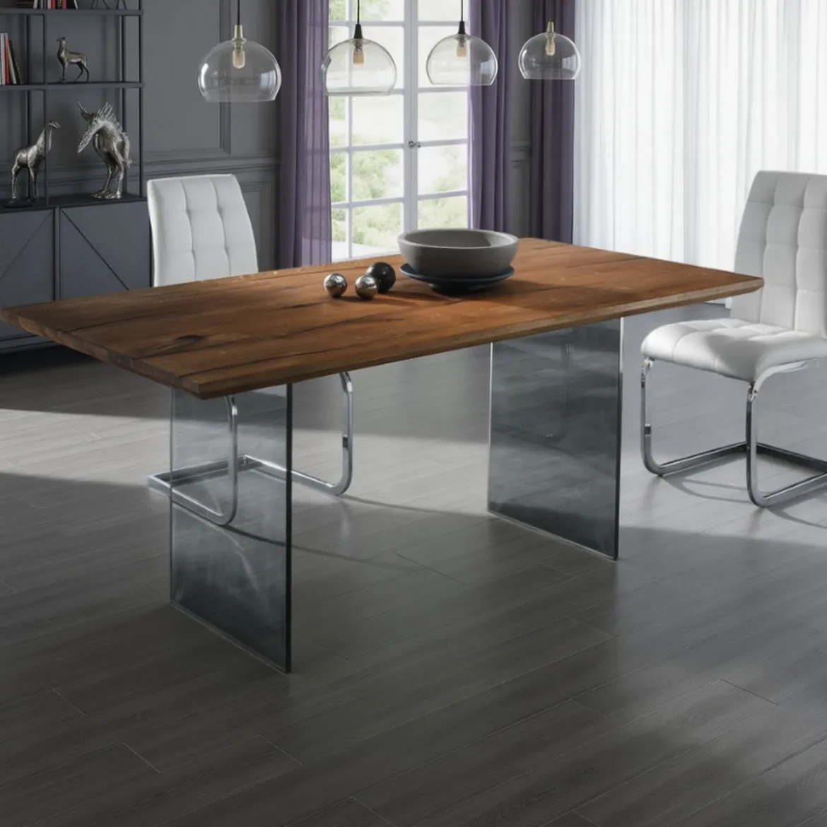 Float Tavolo Scrivania in Legno Massello finitura Rovere con gambe in Vetro Temprato, 180 x 90 x h 76 cm