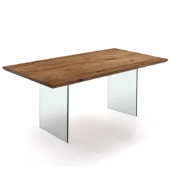 Float Tavolo Scrivania in Legno Massello finitura Rovere con gambe in Vetro Temprato, 180 x 90 x h 76 cm
