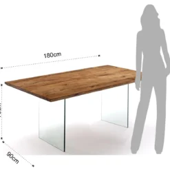 Float Tavolo Scrivania in Legno Massello finitura Rovere con gambe in Vetro Temprato, 180 x 90 x h 76 cm