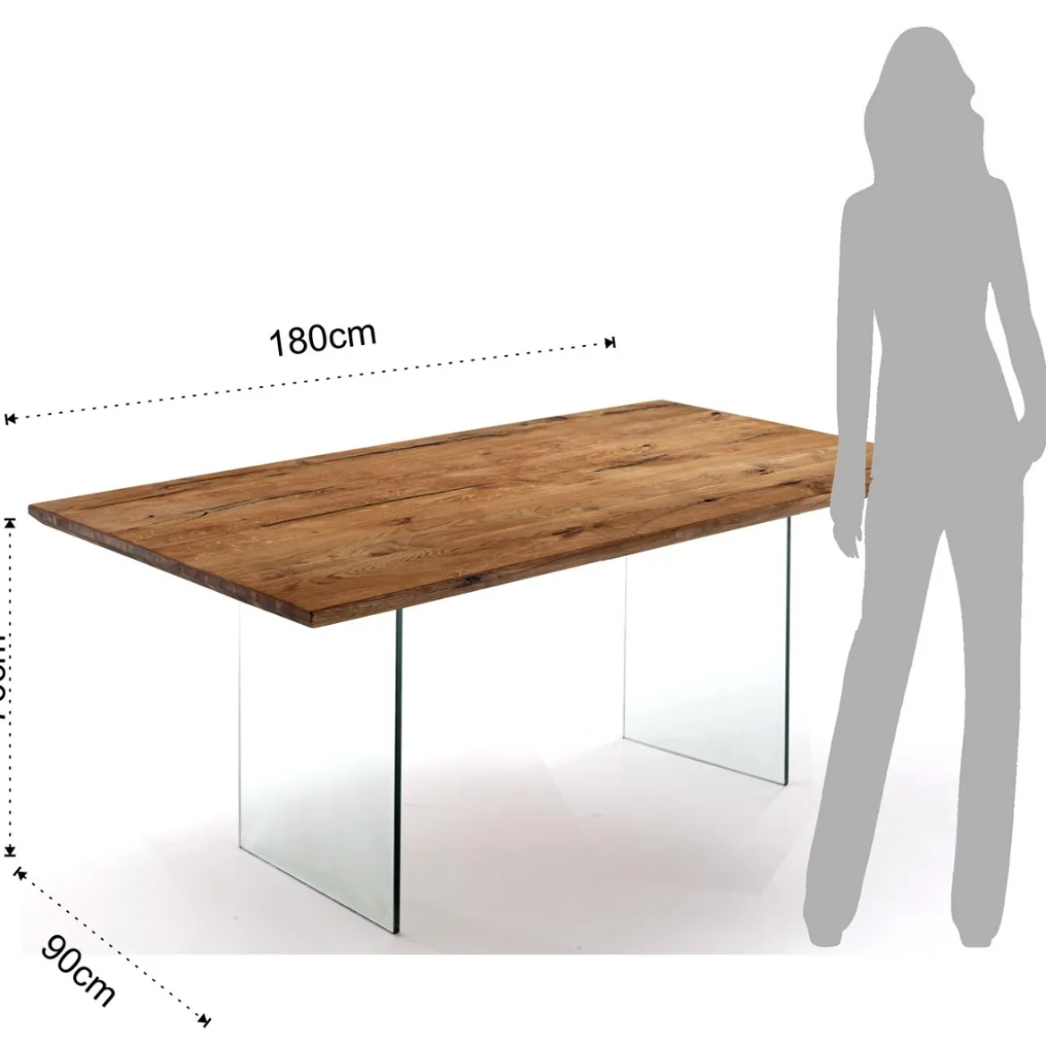 Float Tavolo Scrivania in Legno Massello finitura Rovere con gambe in Vetro Temprato, 180 x 90 x h 76 cm