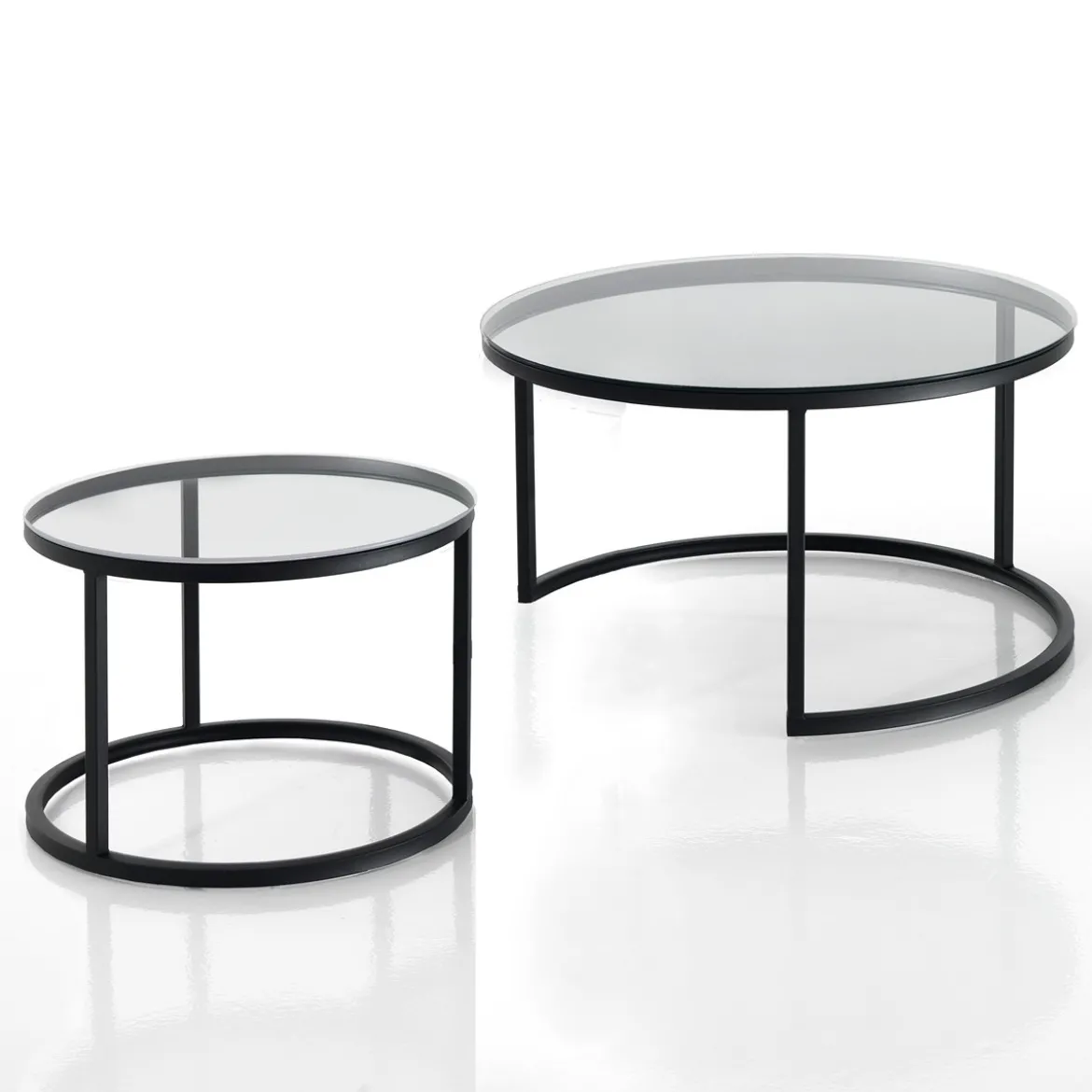 Gabriel evo clear set 2 tavolini con top in vetro spessore 6 mm e struttura acciaio nero opaco diametro 50/70 cm