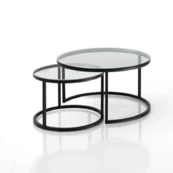 Gabriel evo clear set 2 tavolini con top in vetro spessore 6 mm e struttura acciaio nero opaco diametro 50/70 cm
