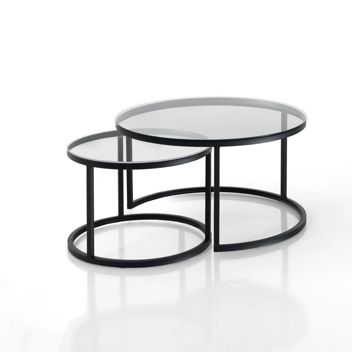 Gabriel evo clear set 2 tavolini con top in vetro spessore 6 mm e struttura acciaio nero opaco diametro 50/70 cm