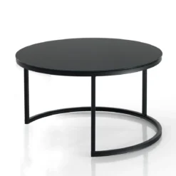 Gabriel evo set 2 tavolini piano con vetro cipria / nero in acciaio verniciato nero opaco d50 d70 cm