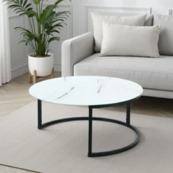 Gabriel evo tavolino grande piano in vetro effetto marmo bianco h35 d80 cm