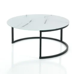 Gabriel evo tavolino grande piano in vetro effetto marmo bianco h35 d80 cm