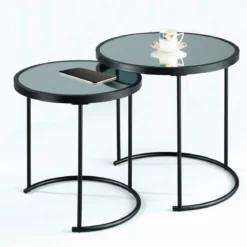Gabriel set 2 tavolini piano con vetro a specchio in acciaio verniciato nero opaco d42 d50 cm