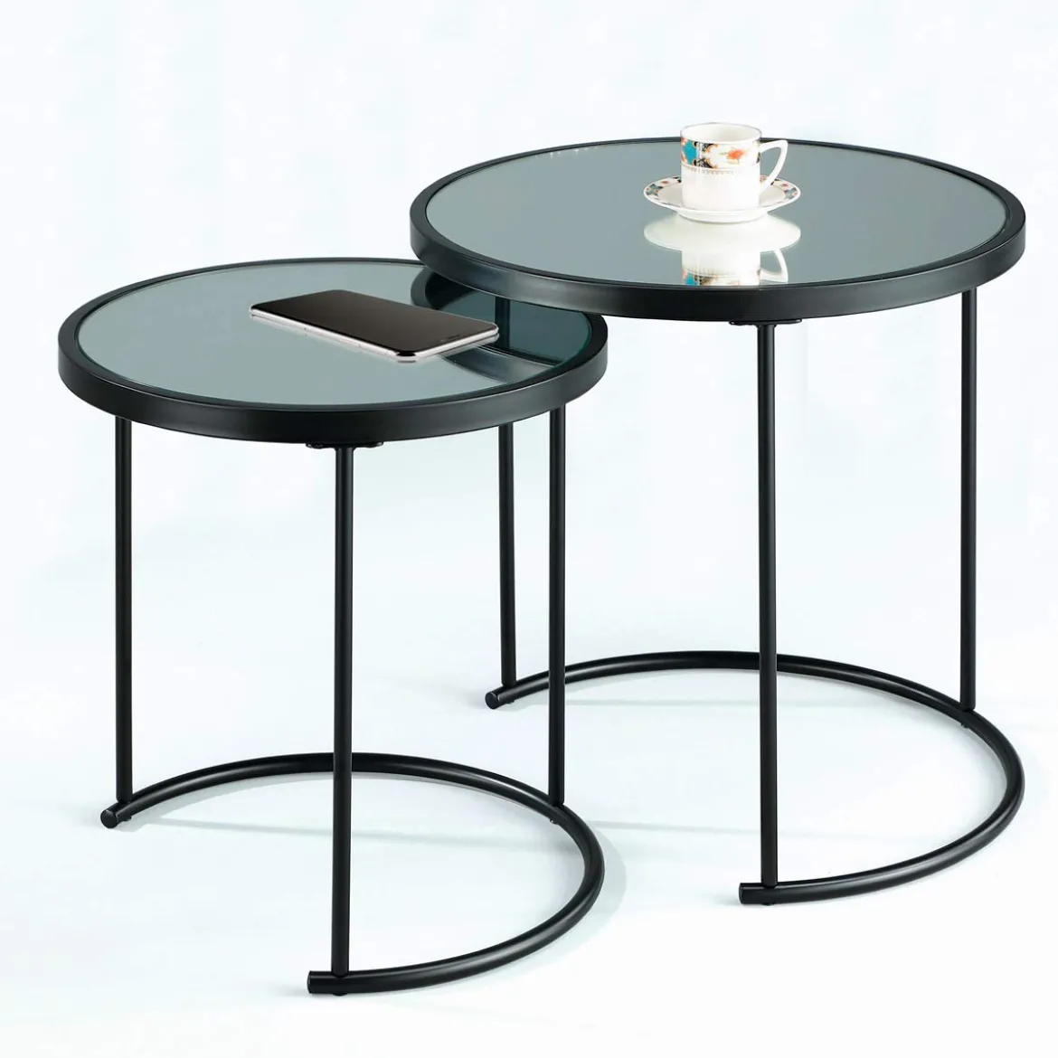 Gabriel set 2 tavolini piano con vetro a specchio in acciaio verniciato nero opaco d42 d50 cm