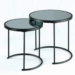 Gabriel set 2 tavolini piano con vetro a specchio in acciaio verniciato nero opaco d42 d50 cm