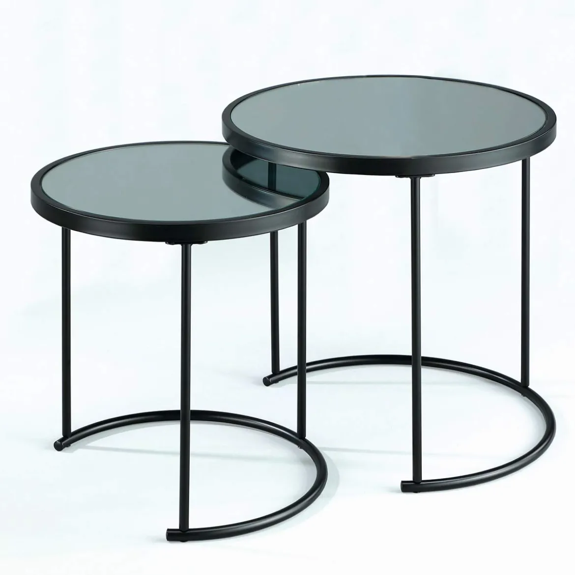Gabriel set 2 tavolini piano con vetro a specchio in acciaio verniciato nero opaco d42 d50 cm
