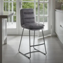 Gana sgabello imbottito madison in microfibra effetto velluto grigio e acciaio nero opaco h110 cm