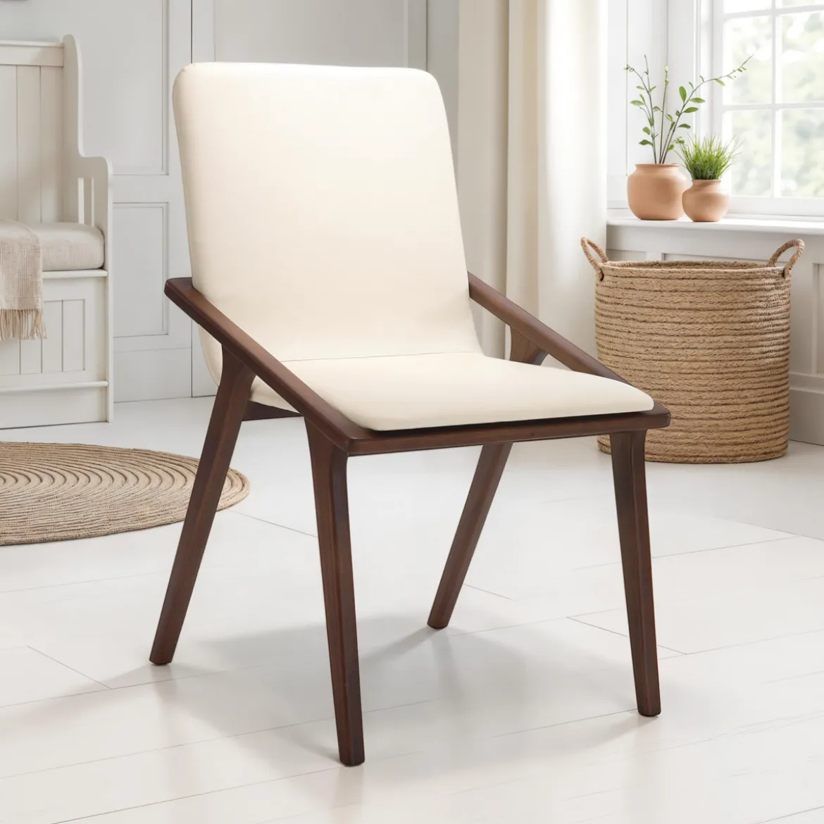 Gemma sedia legno massello finitura noce scuro pelle sintetica beige h86 l51 p61