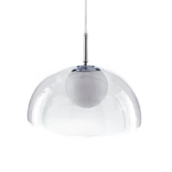 Genny lampadario in pvc trasparente con sfera in vetro satinato bianco filo regolabile d37 h24 cm