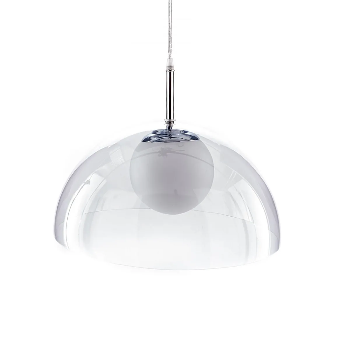 Genny lampadario in pvc trasparente con sfera in vetro satinato bianco filo regolabile d37 h24 cm