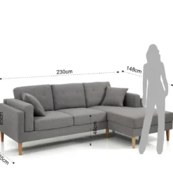 Giada divano angolare rivestito in tessuto grigio l230 p85/148 h85 cm