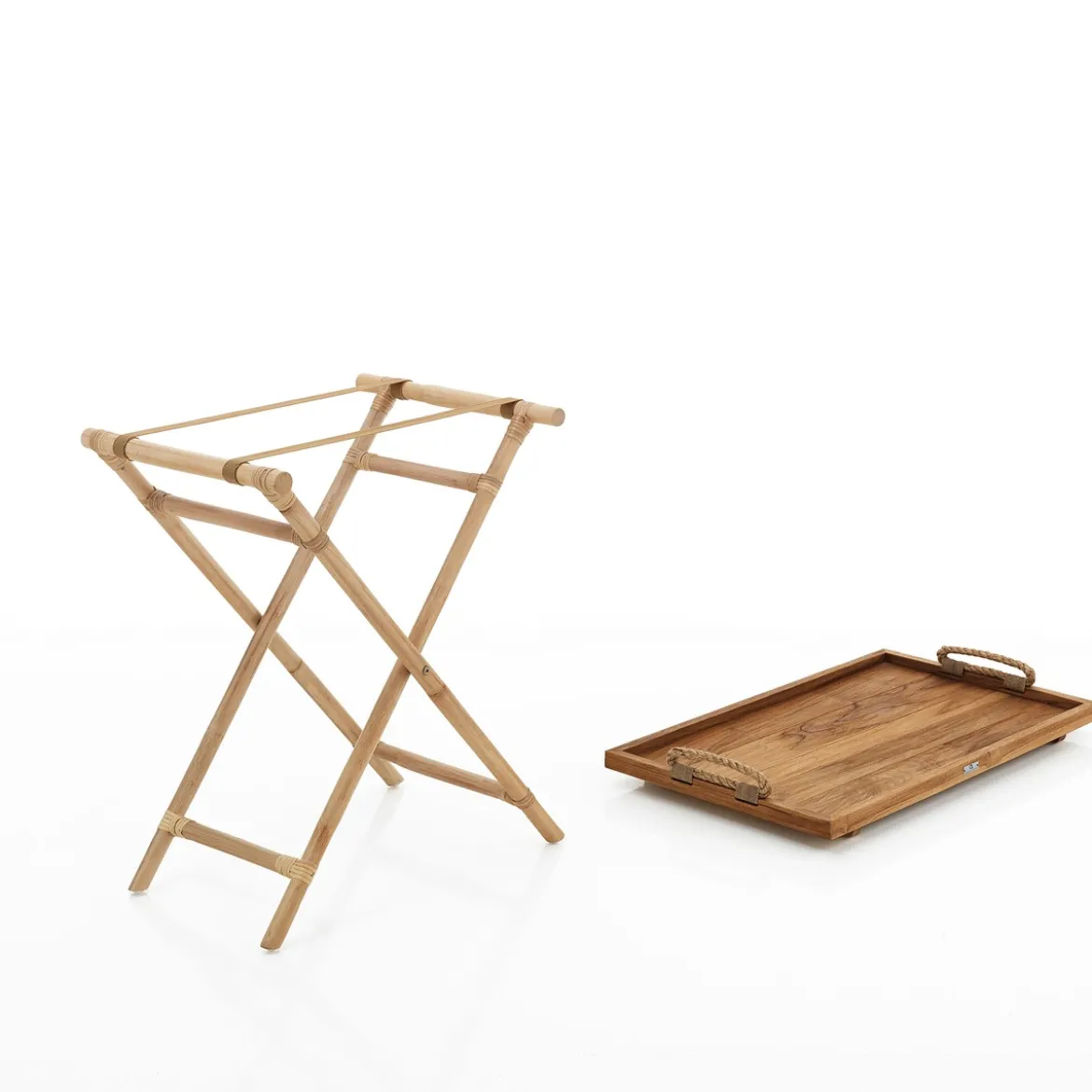 Girija tavolino ripiegabile con vassoio rimuovibile in teak e rattan 76x45xh69 cm