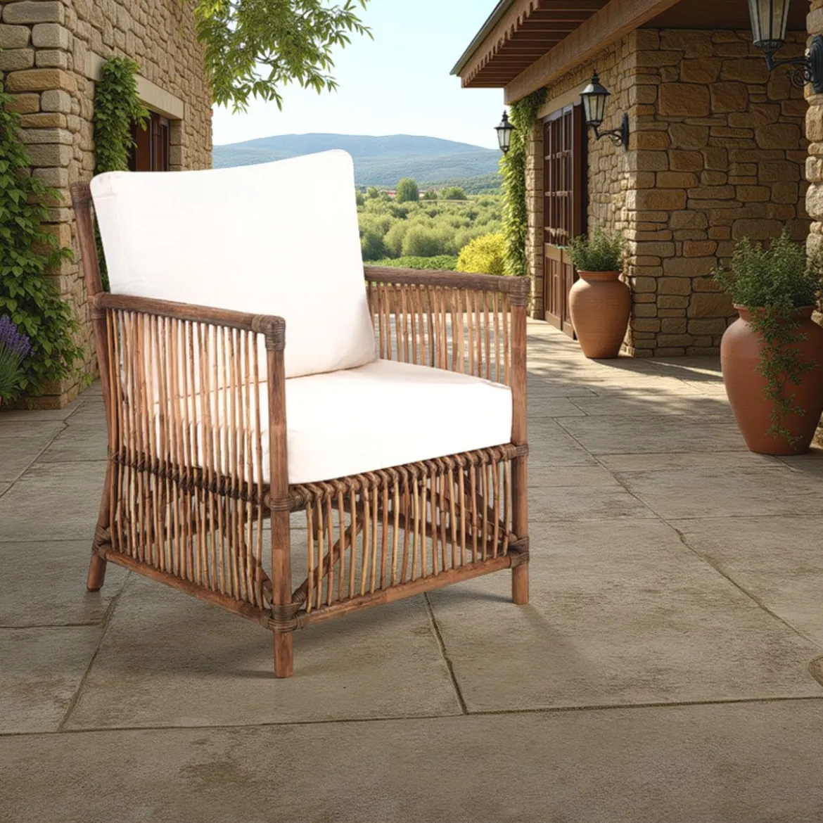 Granada white poltroncina in rattan con cuscini in cotone per interno/esterno 60x67xh84 cm