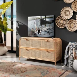 Hamsa madia in teak rattan e pelle naturale 2 ante 120x45xh70 cm