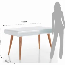Harley Tavolo / Scrivania top con vano verniciato Bianco Semilucido e gambe in Legno Massello finitura Rovere, 130 x 70 x h 78 cm