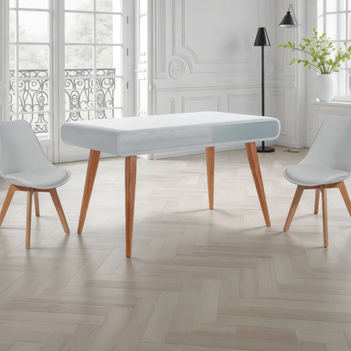 Harley Tavolo / Scrivania top con vano verniciato Bianco Semilucido e gambe in Legno Massello finitura Rovere, 130 x 70 x h 78 cm