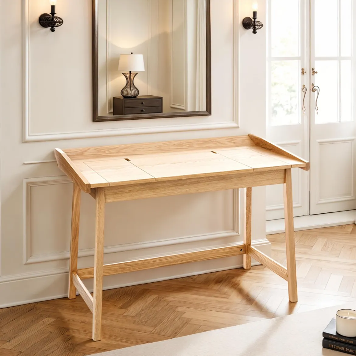 Henny scrittoio porta pc consolle piano impiallacciato rovere in legno massello tinto rovere 113x60xh80 cm